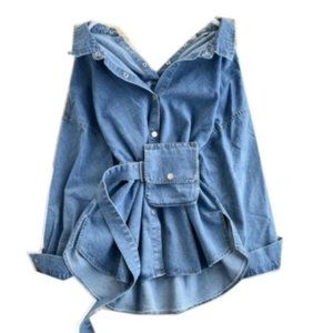 NWT Blue Medium Wash Denim Long Sleeves Belted Button-Down Wasted Shirt